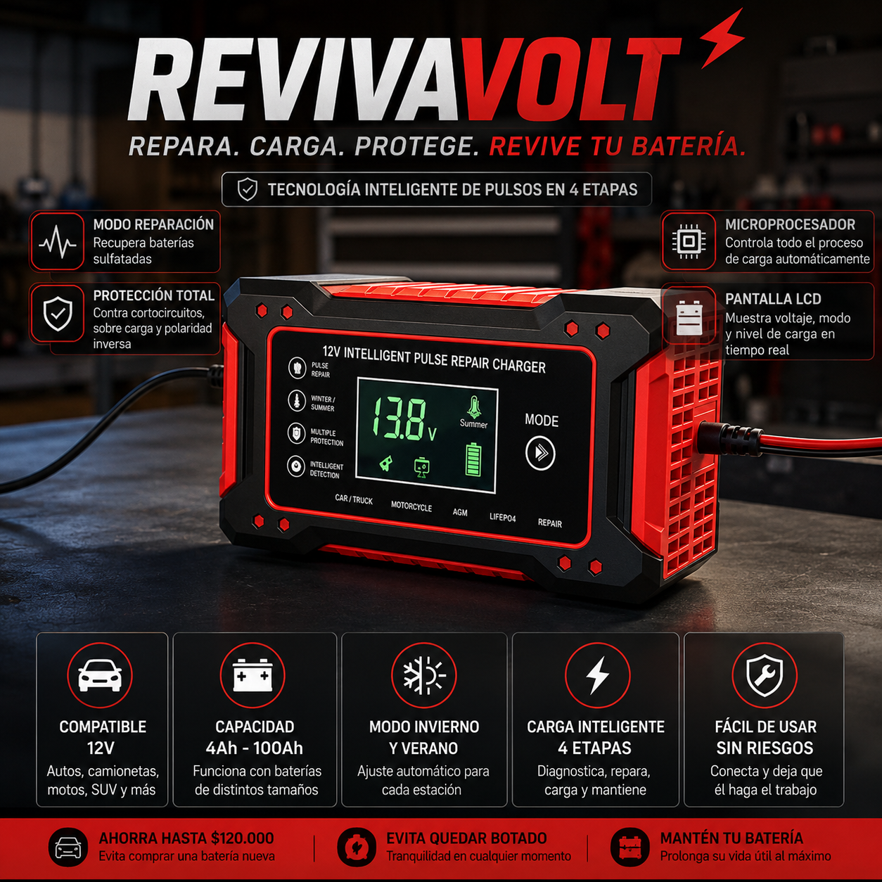Cargador reparador inteligente de baterías RevivaVolt™